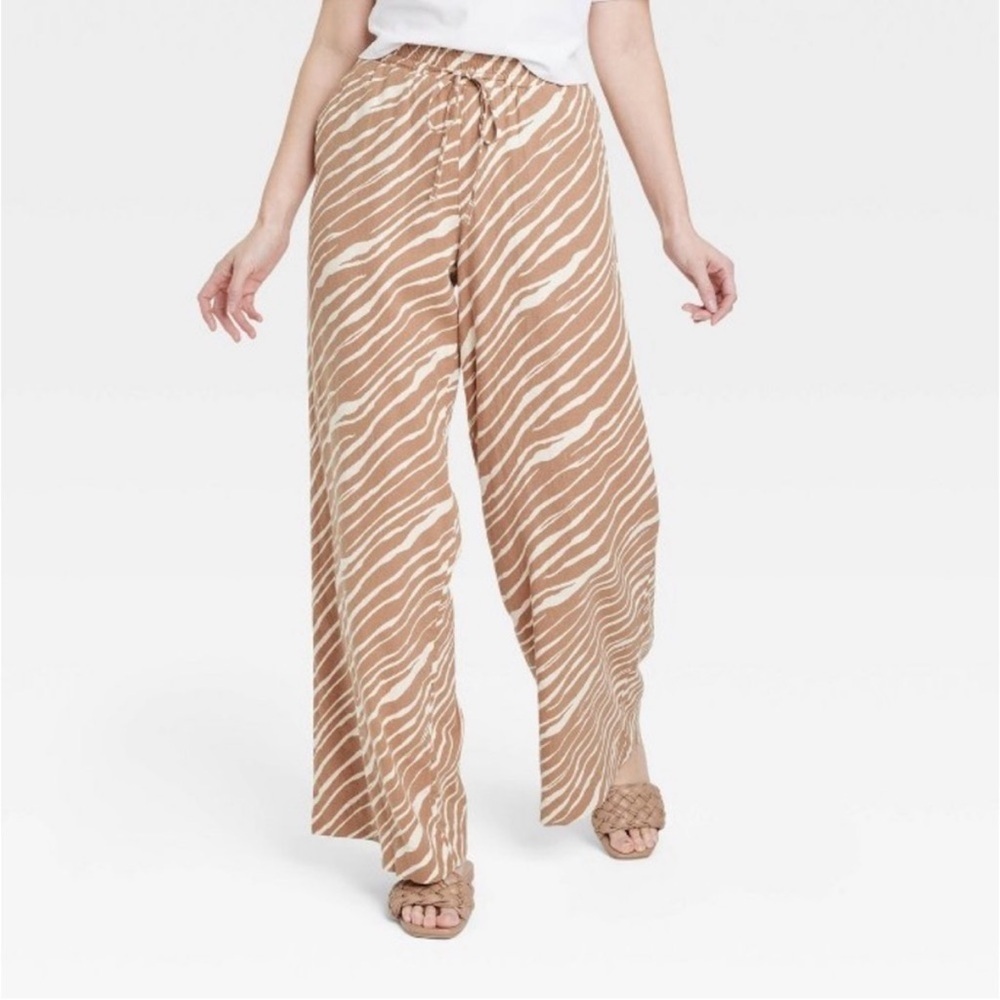A New Day Tan Zebra Print Wide Legged Linen Blend Pants Women Size XS Pockets